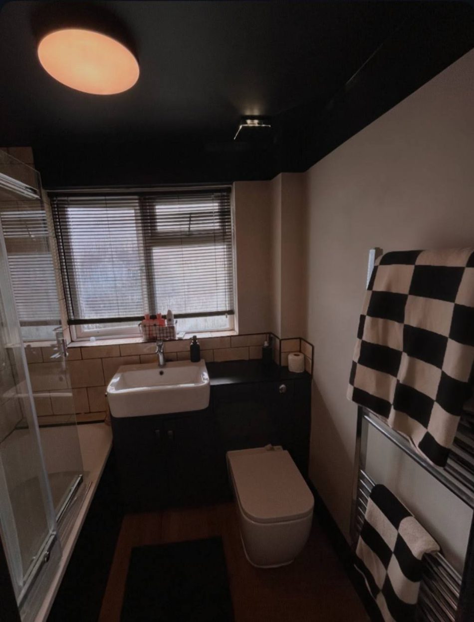 Bathroom with black ceiling and vanity